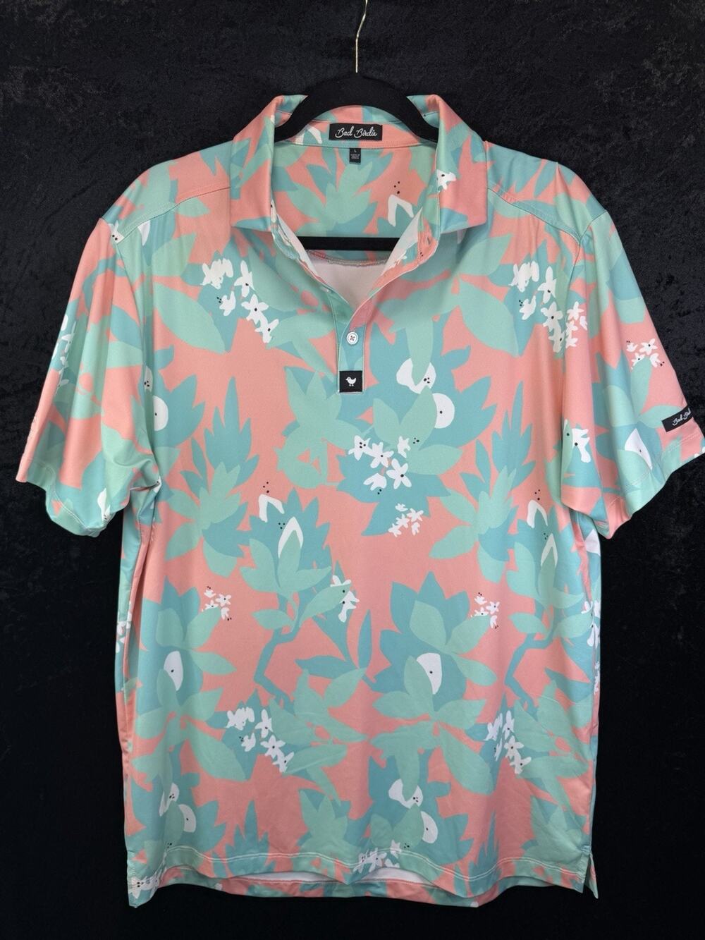 Bad Birdie Men’s “Land Down Unda” Performance Floral Golf Polo Shirt Sz L EUC